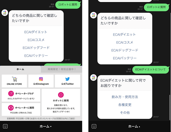 画像左「ロボットに質問」を押すと設計したシナリオで回答が可能(デザインなど自由に調整できる)