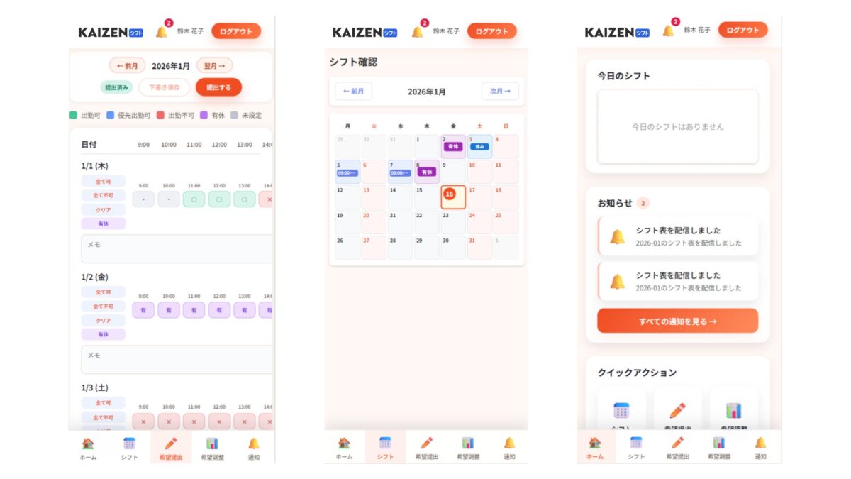 KAIZENシフト共有画面