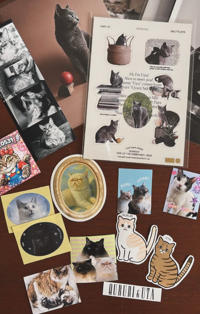 カイヌシお手製の愛猫のオリジナルシールたち。シール交換会を楽しみに参加される方も。