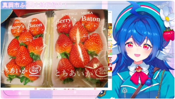 栃宮るりはによる真岡市のいちご試食ライブ配信の様子