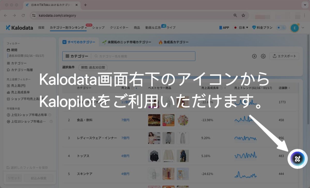 Kalodata画面右下のアイコンから、Kalopilotをご利用いただけます。