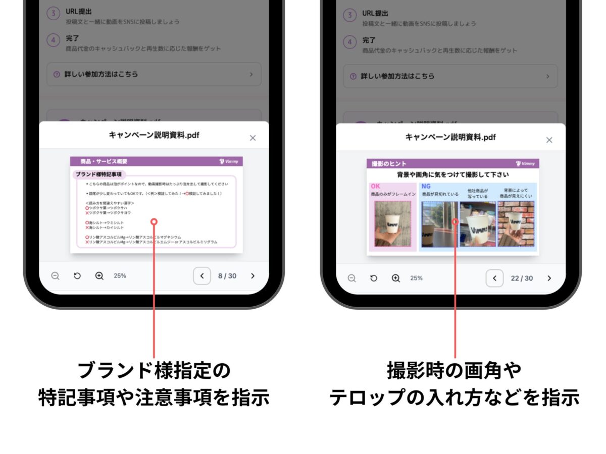 実際にユーザーが閲覧できるキャンペーン参加注意指示書