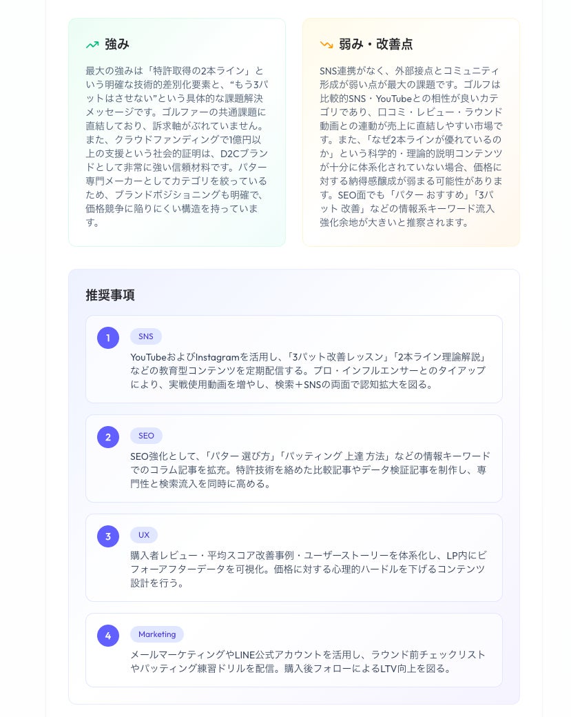 RECORE EC Checker強み・弱み分析、推奨ポイント画面