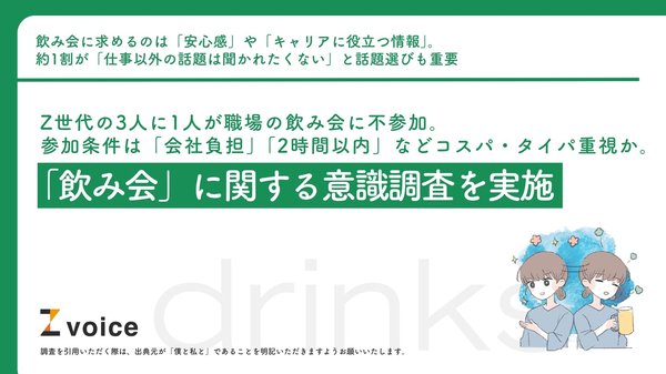Z世代社会人の34.1%が職場の飲み会に不参加！「コスパ」「タイパ」重視の参加条件とは - 僕と私と株式会社調査