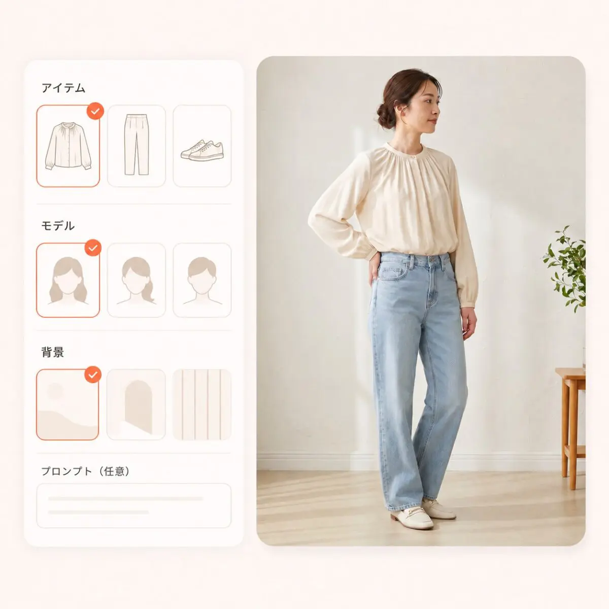 アイテム・モデル・ポーズ・背景を選択すれば、人物モデル着用画像が作成出来ます。