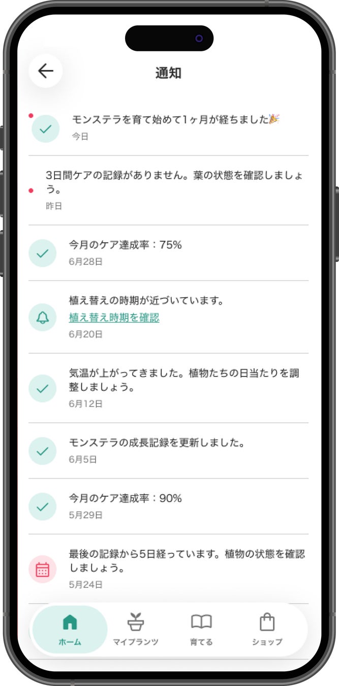 水やりのタイミングなどを通知