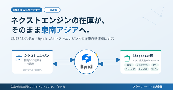 スターフィールド、越境ECシステム「Bynd」がネクストエンジンとの在庫自動連携機能をリリース