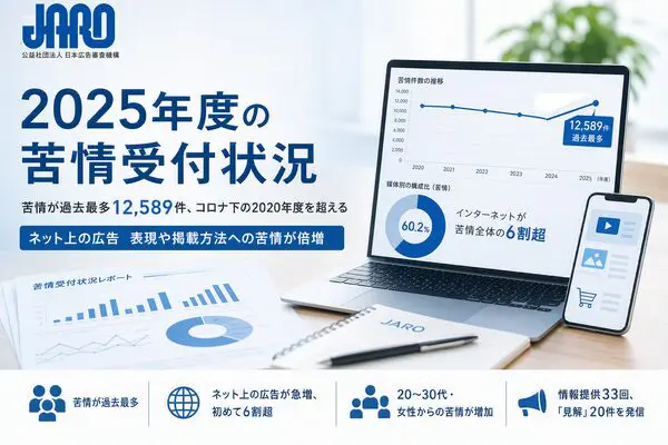 JARO、2025年度の広告苦情が過去最多12,589件と発表 ネット上の不快な広告が前年度の2倍に急増