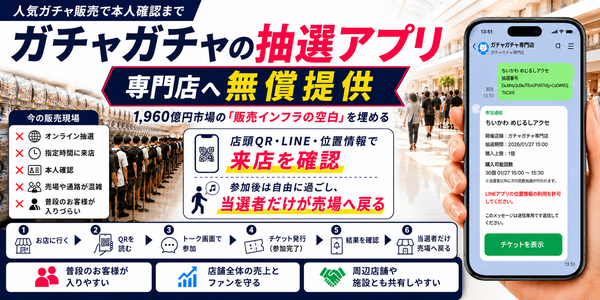 カプセルトイ専門店向け店頭参加型抽選アプリをマイユウが無料提供開始、1,960億円市場の行列課題を解決