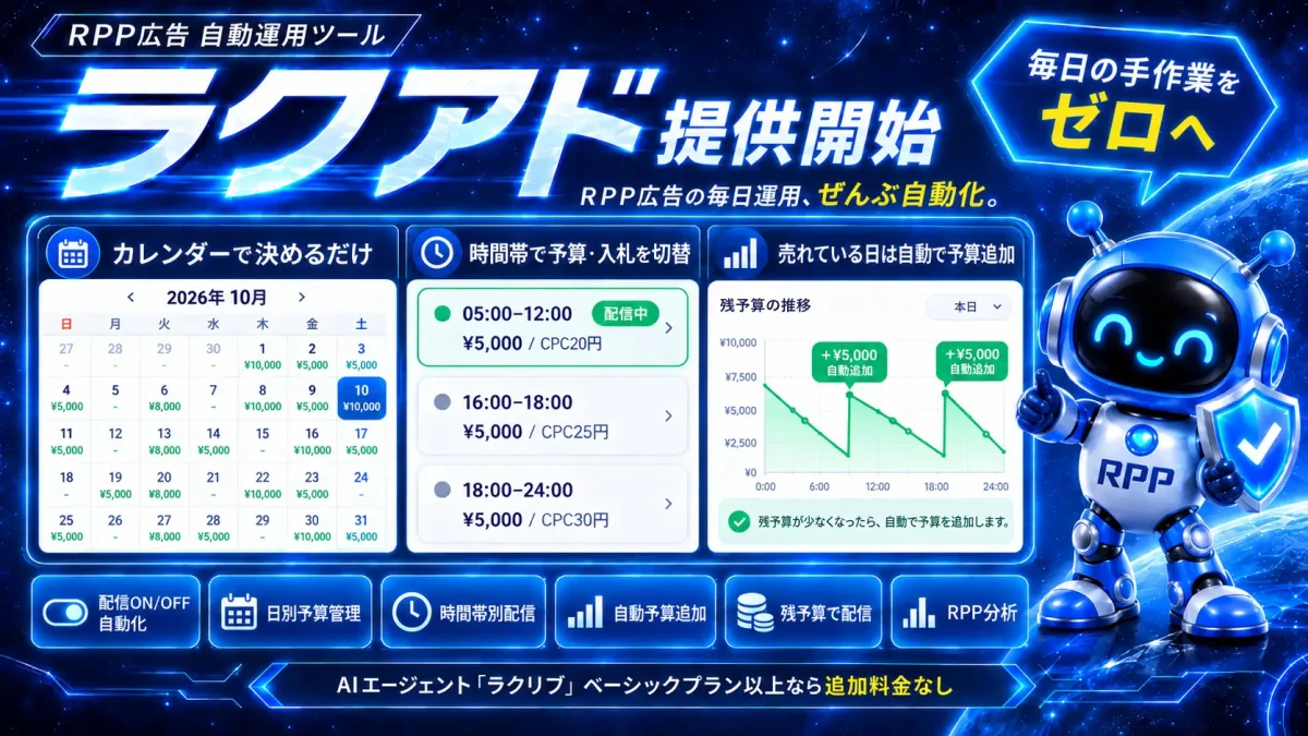 楽天市場RPP広告の自動運用サービス「ラクアド」がリリース、AIエージェント「ラクリプ」シリーズ第8弾