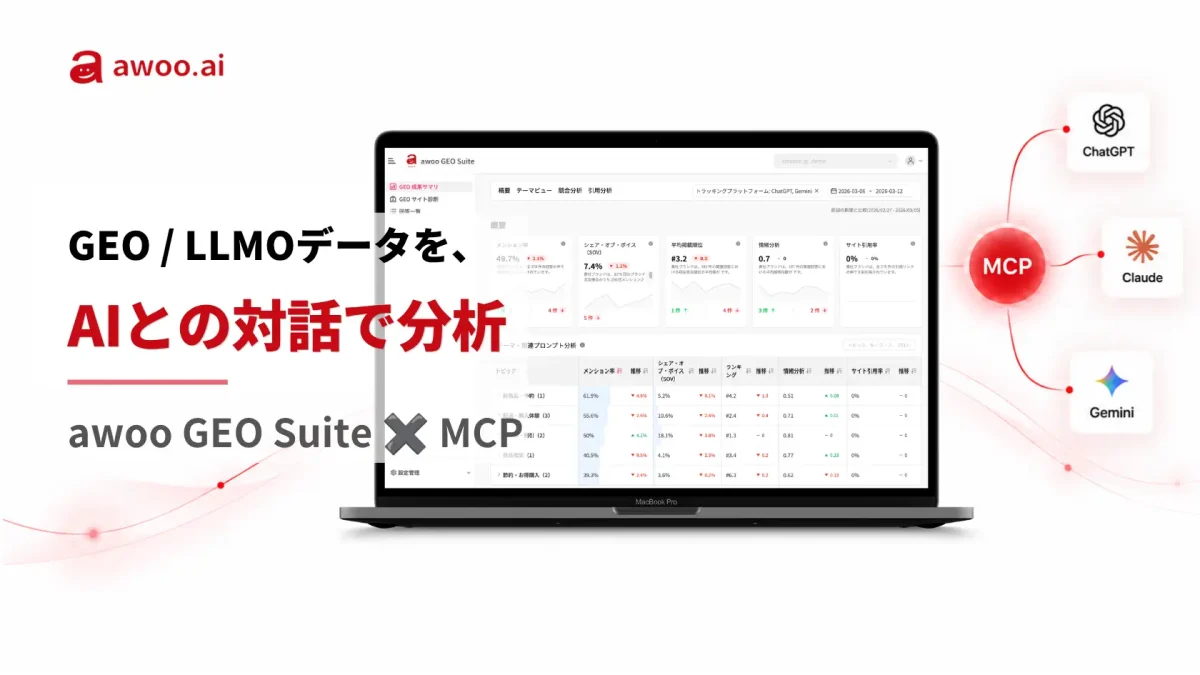 awoo株式会社、AI検索最適化ツール「awoo GEO Suite」がMCPに対応し自然言語での分析が可能に