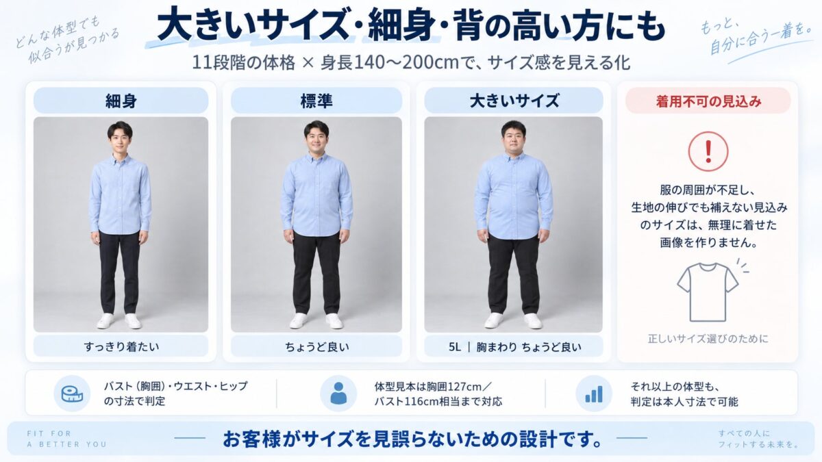とても細身からLL〜8L相当の大きいサイズまで対応