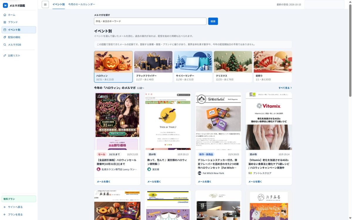 イベントごとに届いたメルマガを並べたイベント別の画面
