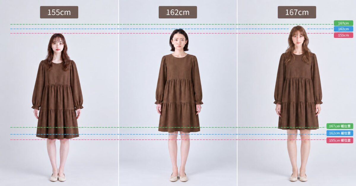 同じサイズの商品を身長155cm・162cm・167cmのモデルが着た場合の丈感